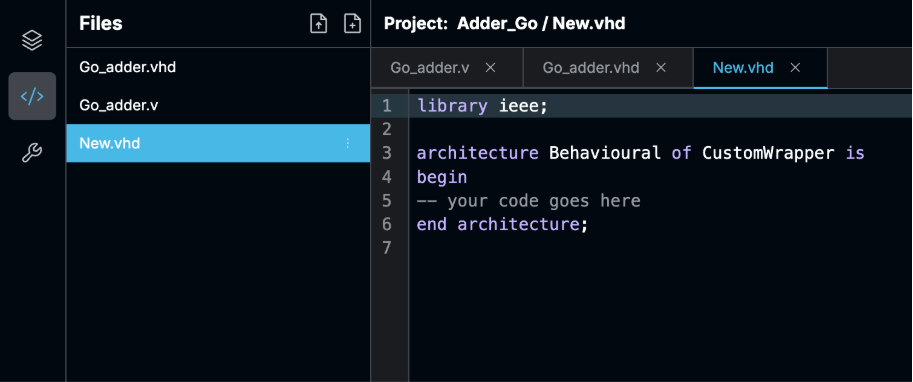 When you open a new file with Moku Cloud Compile, the CustomWrapper architecture will be defined for you.